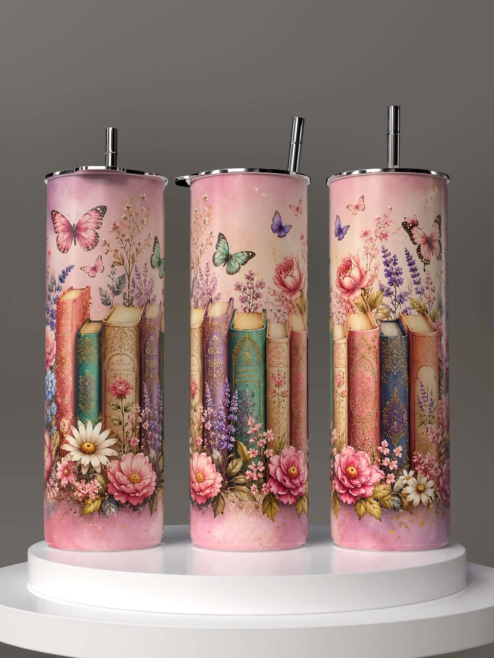 Floral Butterfly Hardcover Books Skinny Tumbler - Pink